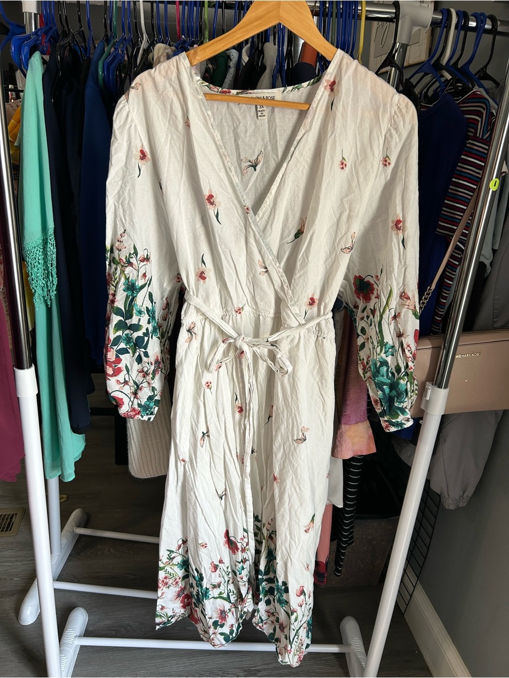 White Floral Wrap Maxi Dress with Tie Waist and Long Sleeves